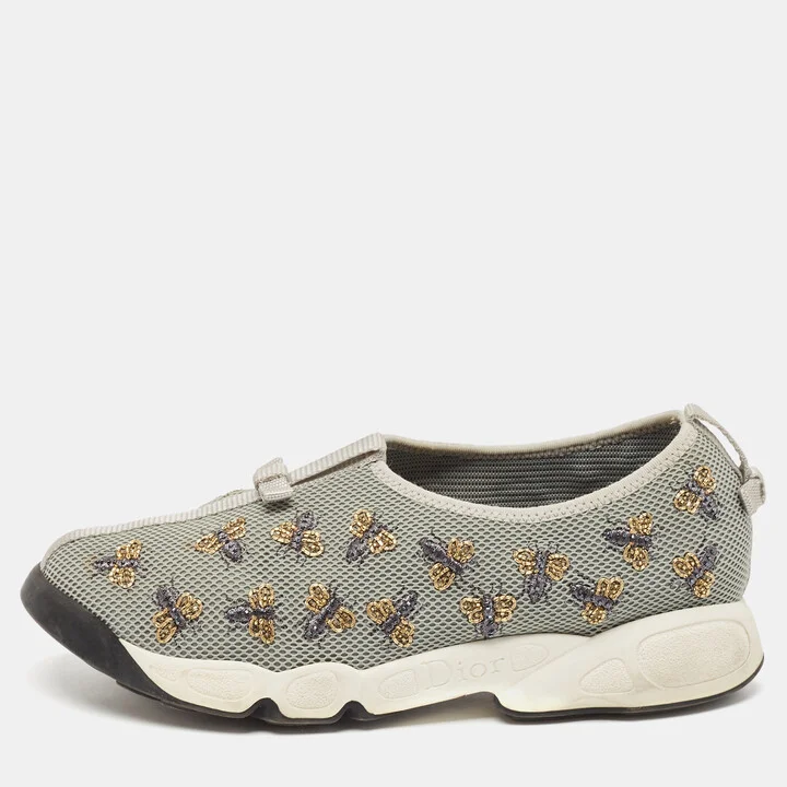 Dior Grey Mesh Fusion Bee Embellished Slip On Sneakers Size 39.5