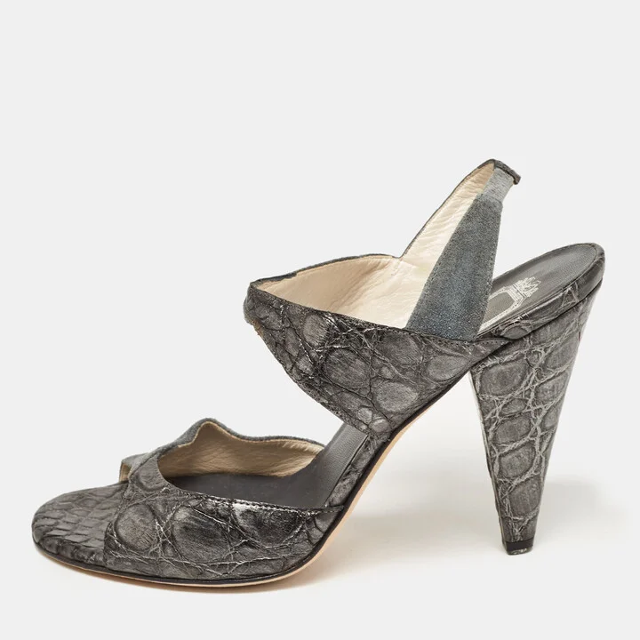Dior Grey/Silver Croc Embossed and Suede Slingback Sandals Size 39.5