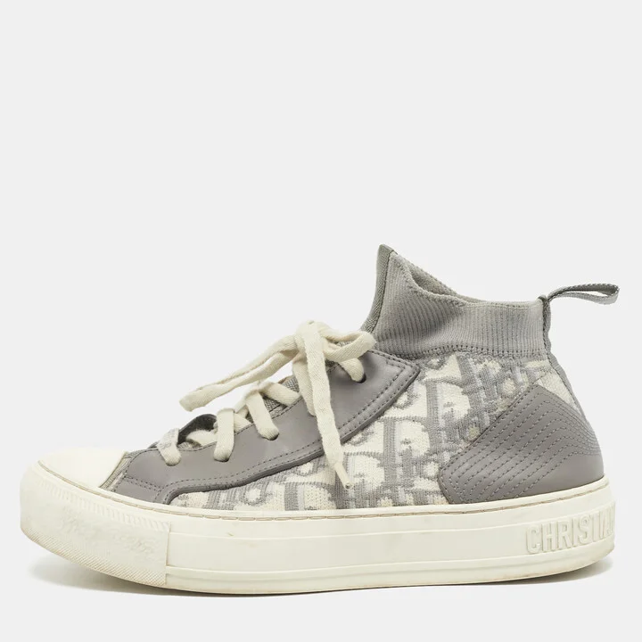 Dior Grey/White Knit Fabric And Leather Walk'n'Dior High-Top Sneakers Size 36