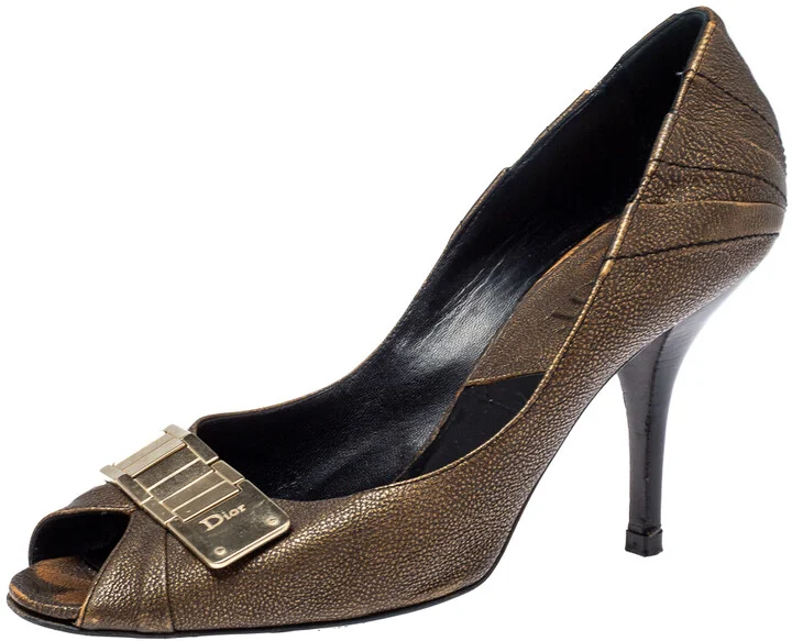 Dior Khaki Brown Leather Metal Detail Peep Toe Pumps Size 39.5