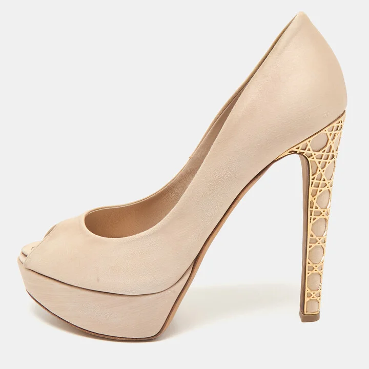 Dior Light Beige Satin Metal Cannage Peep Toe Platform Pumps Size 38.5