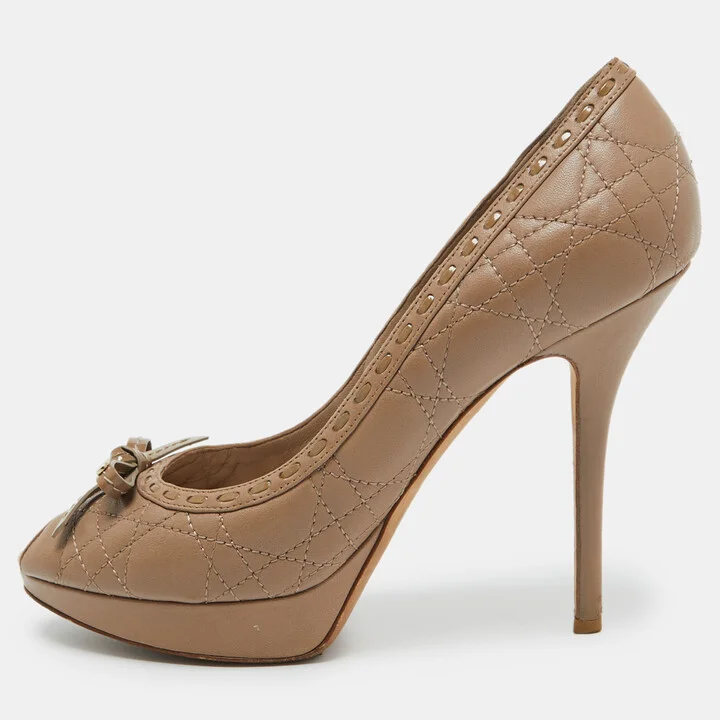 Dior Light Brown Cannage Leather Bow Peep Toe Pumps Size 40