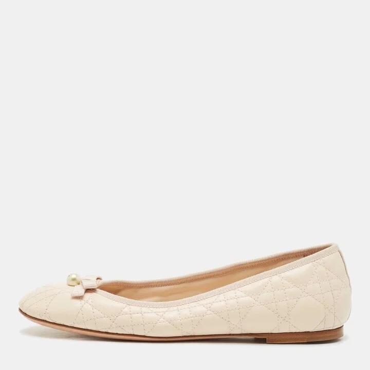 Dior Light Peach Cannage Leather Pearl Bow Ballet Flats Size 40