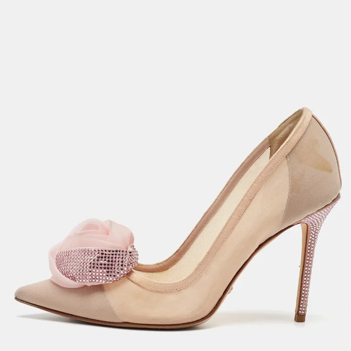 Dior Light Pink Fabric Garden Flower Crystal Embellished Pointed Toe Pumps Size 36