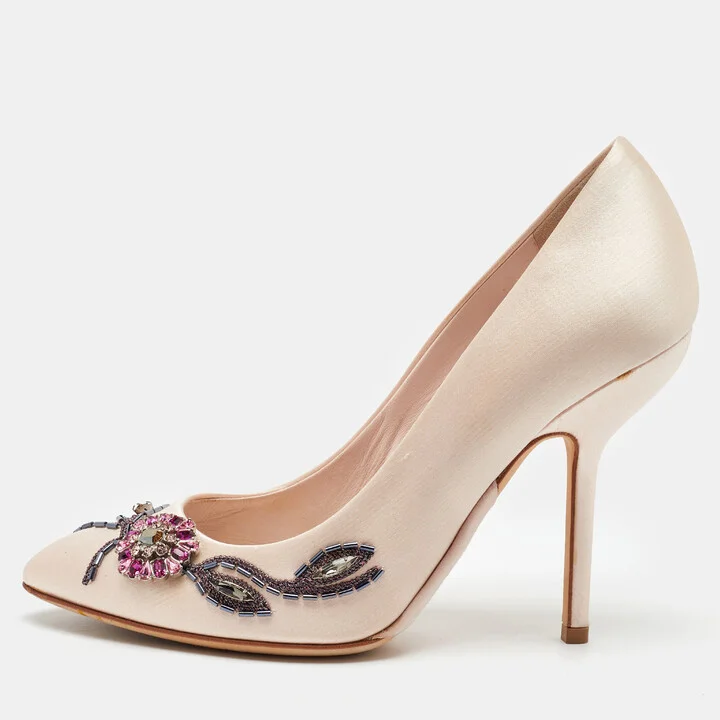 Dior Light Pink Satin Crystal Embellished Flower Pumps Size 38