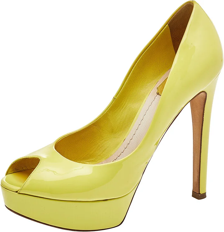 Dior Lime Yellow Patent Leather Miss Dior Peep Toe Platform Pumps Size 37.5