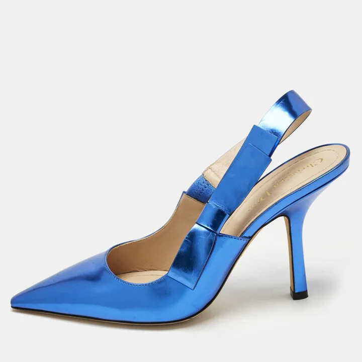 Dior Metallic Blue Patent Leather Sweet-D Slingback Pumps Size 40