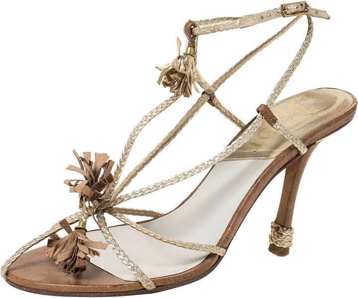 Dior Metallic Gold Woven Leather Strappy Ankle Strap Sandals Size 37