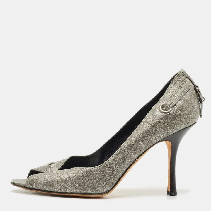 Dior Metallic Grey Cannage Leather Peep Toe Pumps Size 37