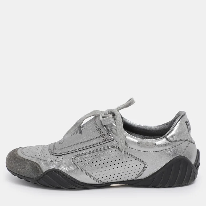 Dior Metallic Grey Leather and Suede D-Fence Sneakers Size 35.5