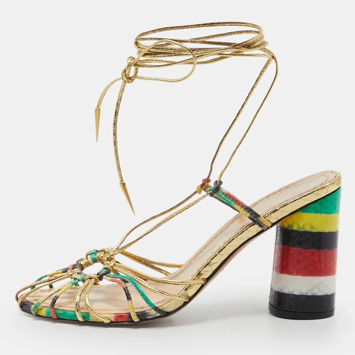 Dior Multicolor Leather and Snakeskin Leather Ankle Strap Sandals Size 37.5