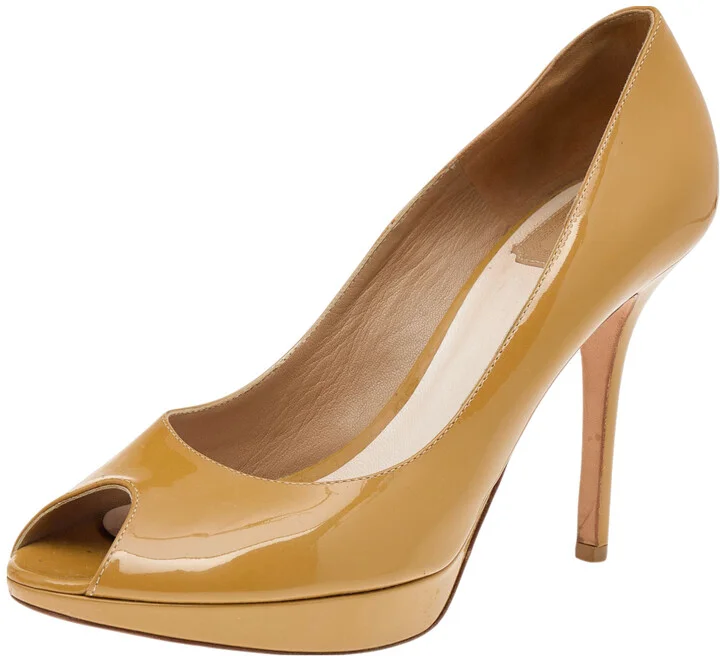 Dior Mustard Patent Leather Miss Dior Peep Toe Platform Pumps Size 40.5