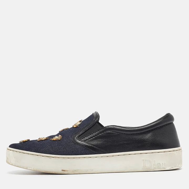 Dior Navy Blue/Black Denim and Leather Dior Happy Sneakers Size 38.5