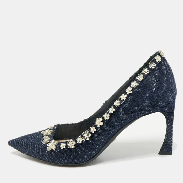 Dior Navy Blue Denim Crystal Embellished Garland Pointed Toe Pumps Size 38.5