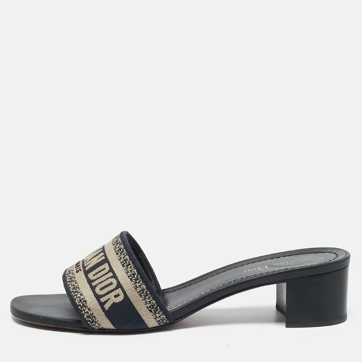 Dior Navy Blue Embroidered Canvas Dway Block Heel Slide Sandals Size 41.5