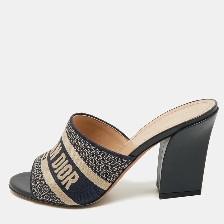 Dior Navy Blue Embroidered Canvas Dway Slide Sandals Size 38.5