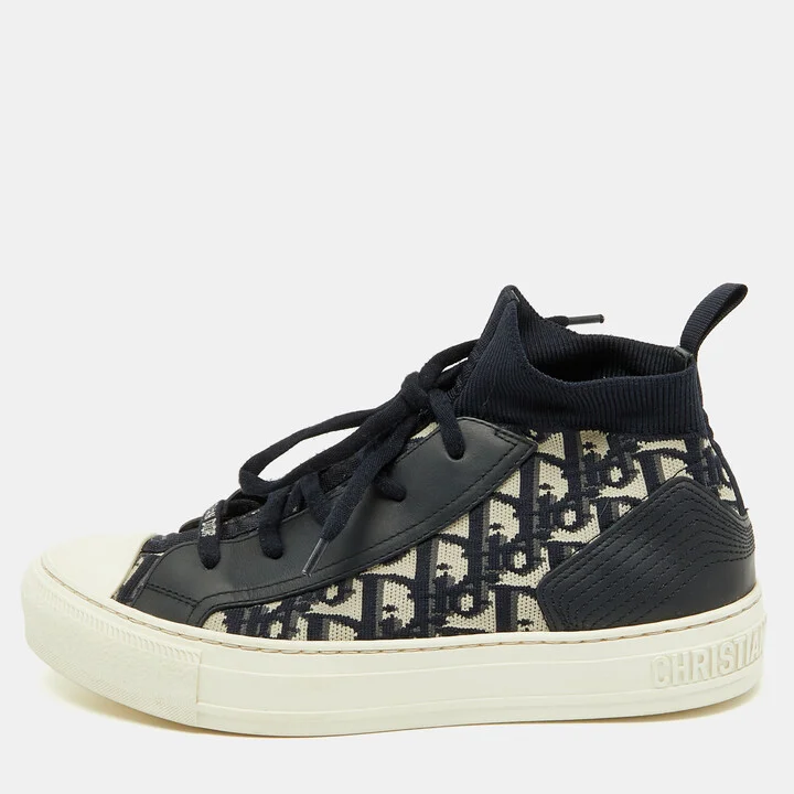 Dior Navy Blue Leather and Knit Fabric Walk n Dior High Top Sneakers Size 39