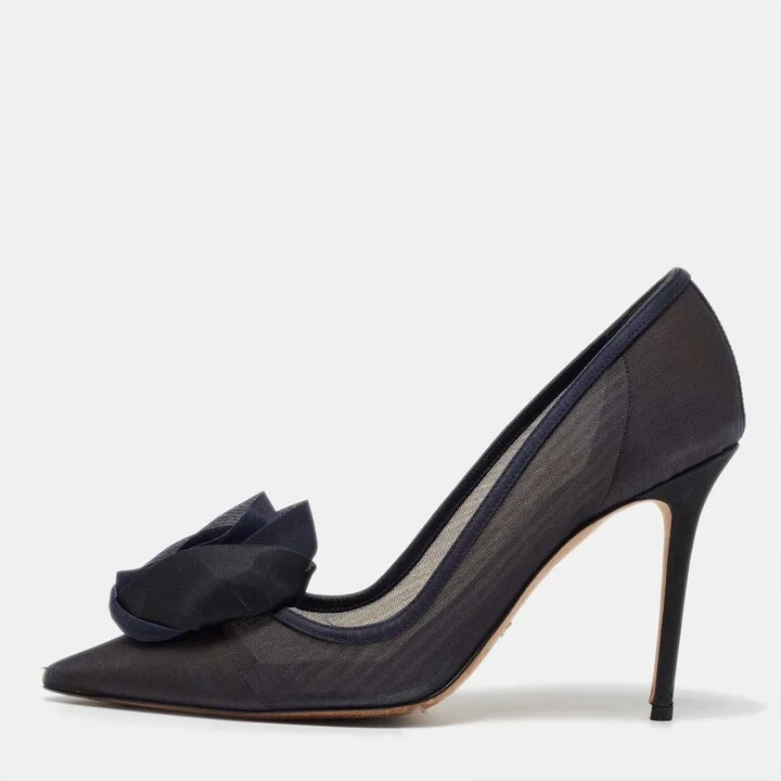 Dior Navy Blue Mesh and Satin Trim Rosette Pointed Toe Pumps Size 39