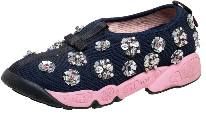 Dior Navy Blue Mesh Fusion Embellished Sneakers Size 36.5