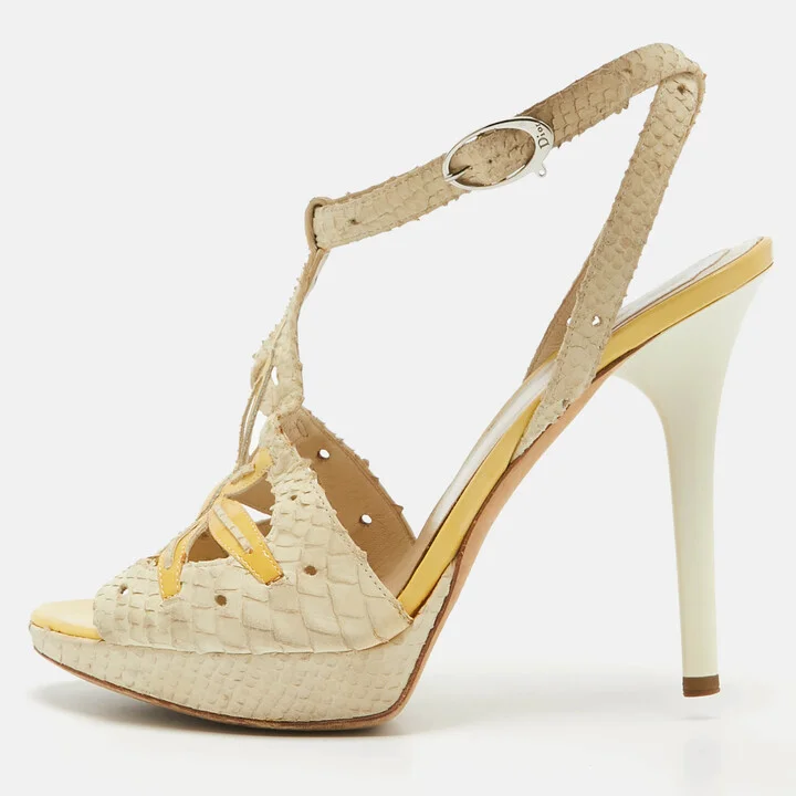 Dior Off White/Yellow Embossed Python and Patent Leather Platform Ankle Wrap Sandals Size 38.5