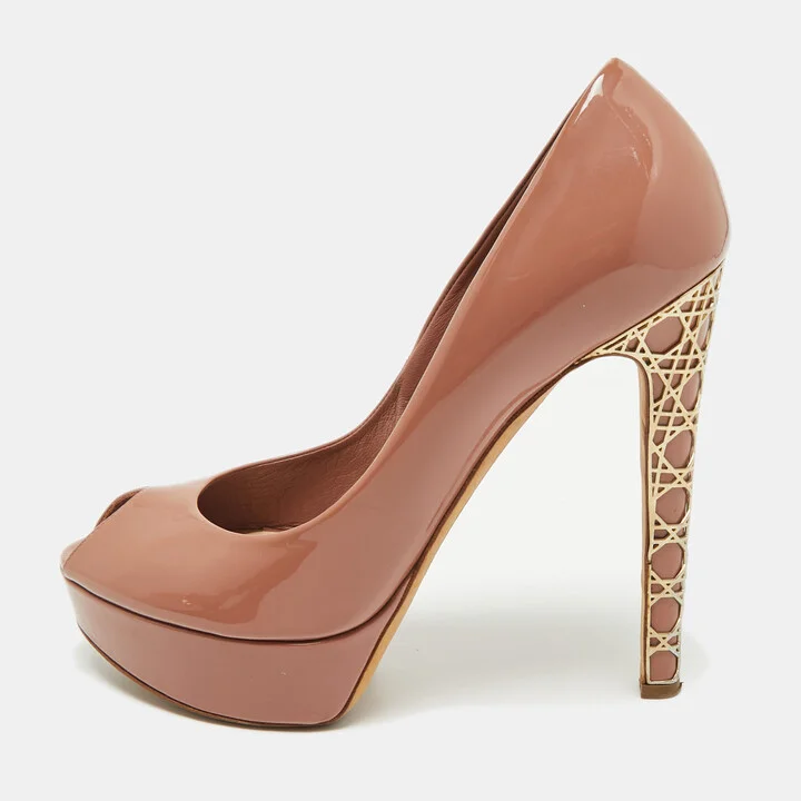 Dior Old Rose Pink Patent Leather Miss Dior Peep Toe Platform Pumps Size 39.5