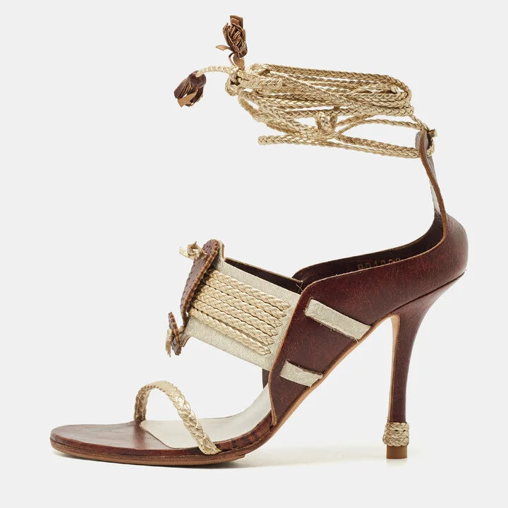 Dior Olive Brown/Gold Leather and Fabric Ankle Tie Sandals Size 37