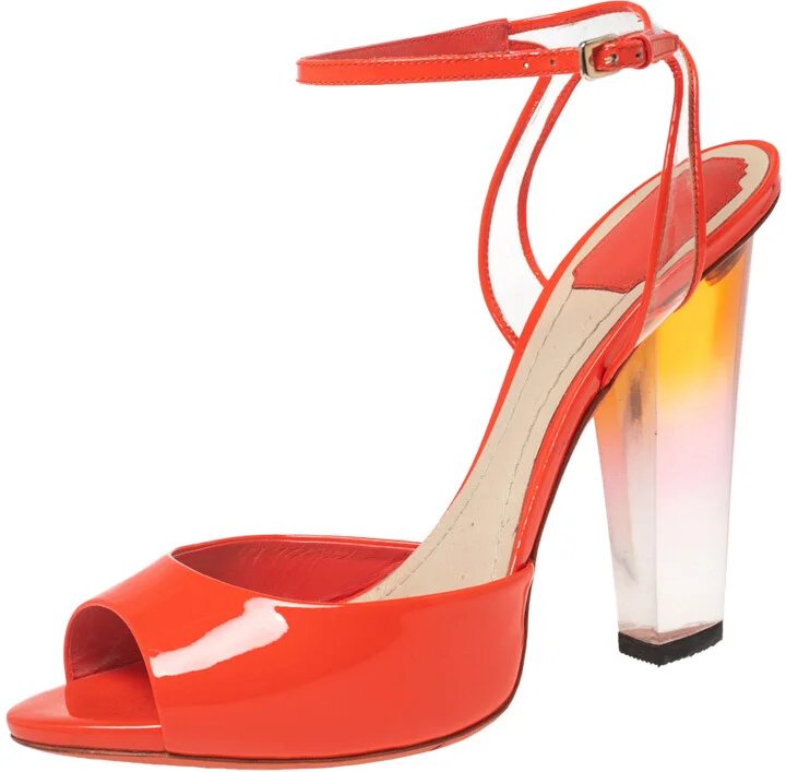 Dior Orange Patent Leather and PVC Clear Block Heels Ankle-Strap Sandals Size 41