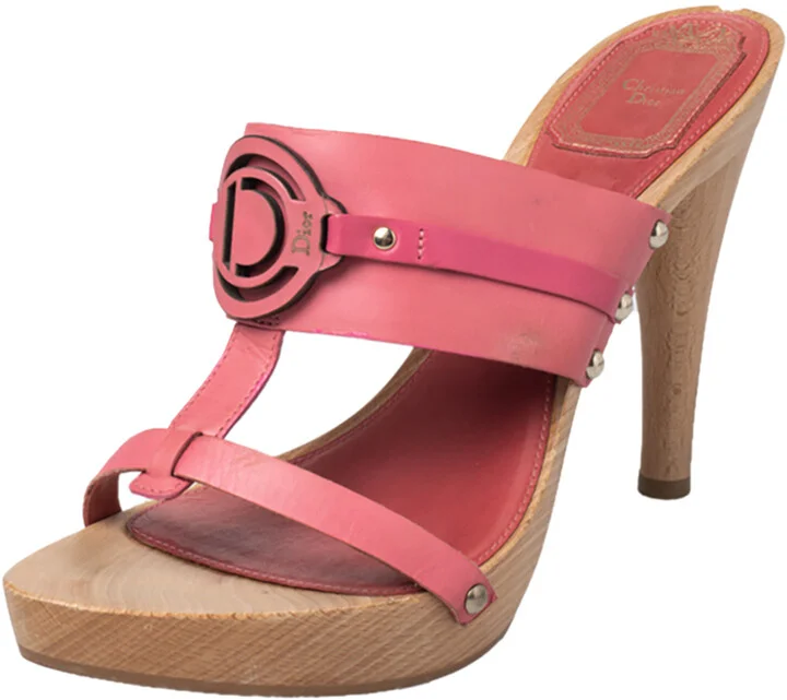 Dior Pink Leather Logo Embellished Slide Sandals Size 37.5