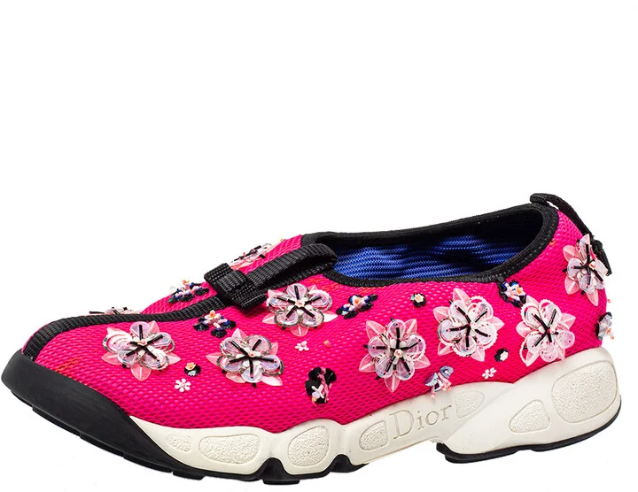 Dior Pink Mesh Embellished Fusion Slip On Sneakers Size 37