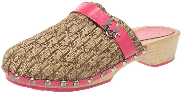 Dior Pink/White Diorissimo Canvas And Leather Trim Clog Mules Size 34