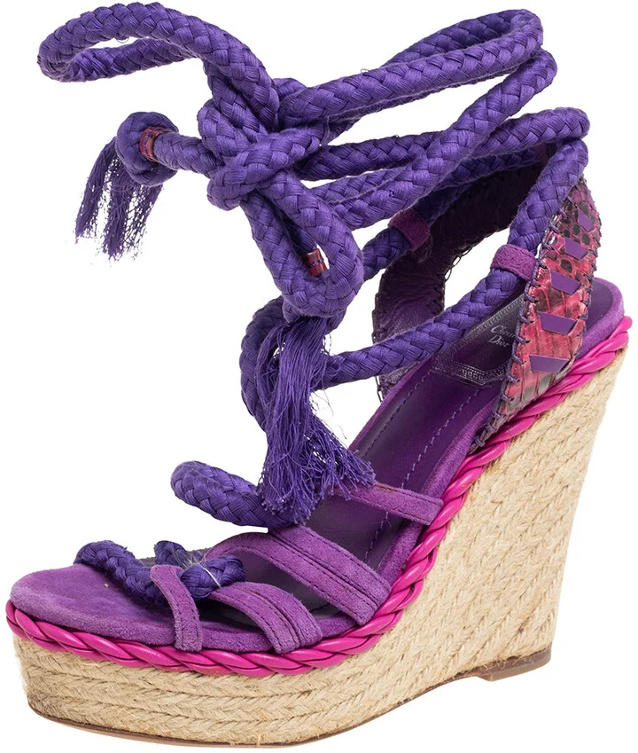 Dior Purple Suede And Python Leather Espadrille Wedge Ankle Wrap Sandals Size 36