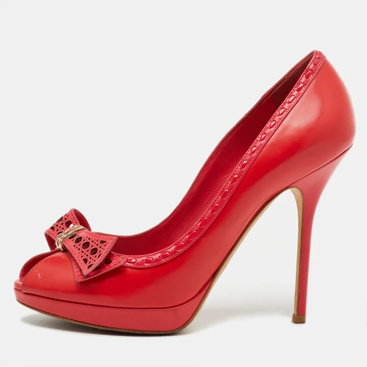 Dior Red Leather Cannage Bow Peep Toe Platform Pumps Size 39