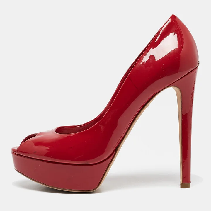 Dior Red Patent Leather Miss Dior Peep Toe Platform Pumps Size 39.5