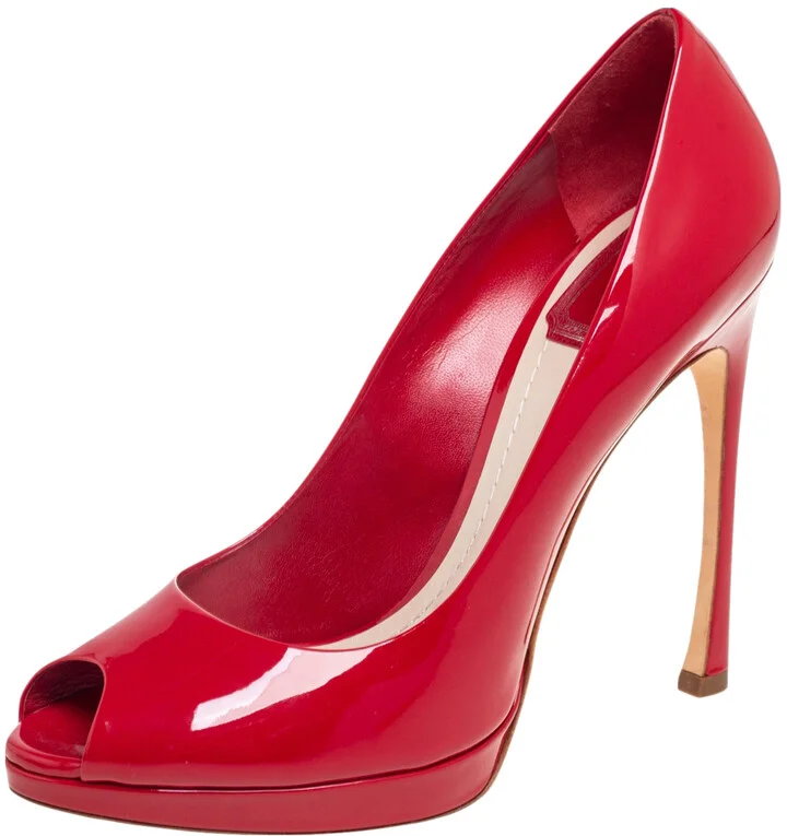 Dior Red Patent Leather Miss Dior Peep Toe Platform Pumps Size 40