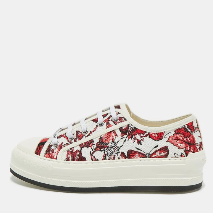 Dior Red/White Floral Embroidered Canvas Walk'n'Dior Sneakers Size 40