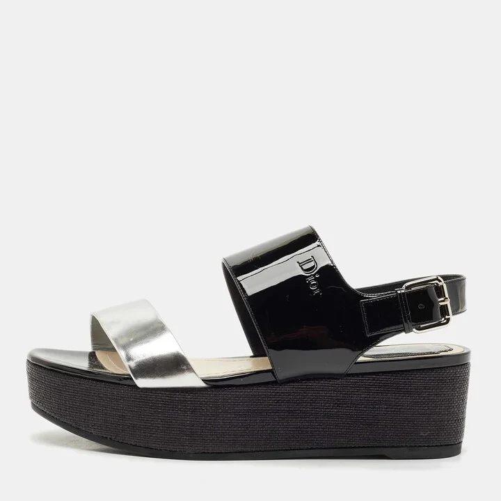 Dior Silver/Black Leather and Patent Platform Wedge Sandals Size 39