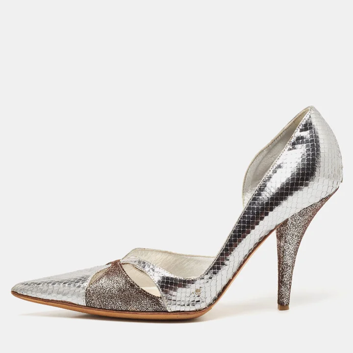 Dior Silver/Brown Python Embossed Leather and Texture Suede Pumps Size 36.5