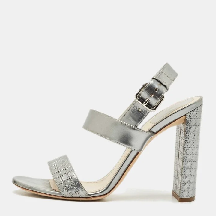 Dior Silver Cannage Quilted Leather Ankle Strap Sandals Size 40