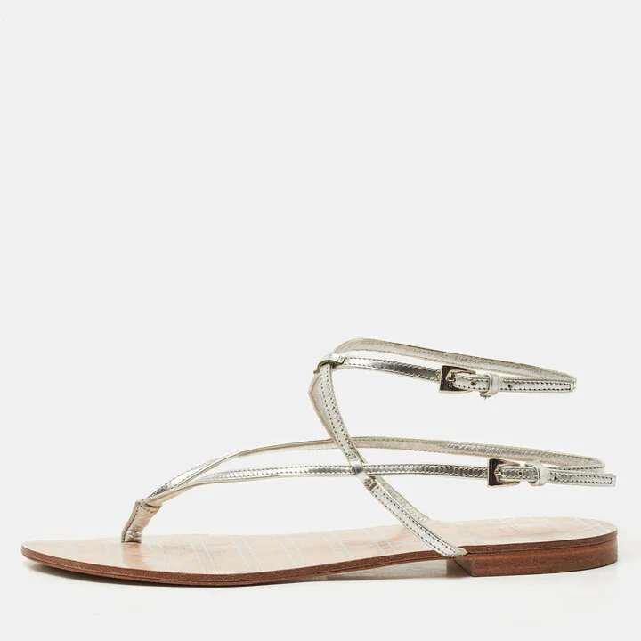 Dior Silver Leather Crystal Embellished Logo Thong Ankle Strap Flat Sandals Size 38