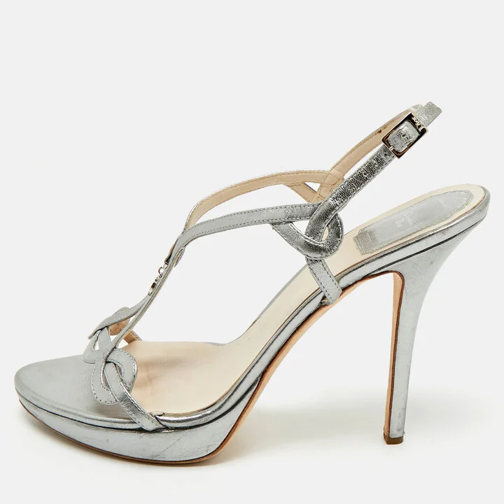 Dior Silver Leather Logo Slingback Sandals Size 39