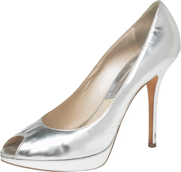 Dior Silver Leather Miss Dior Peep Toe Pumps Size 40.5