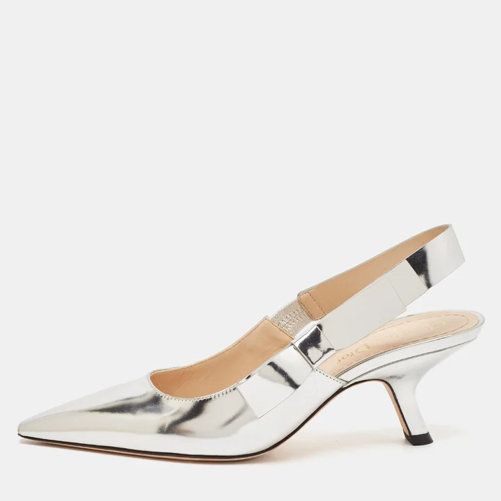 Dior Silver Leather Sweet-D Slingback Pumps Size 36.5