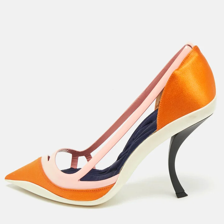 Dior Two Tone Orange Patent Leather And Satin Pointed Toe Curved Heel Pumps Size 39
