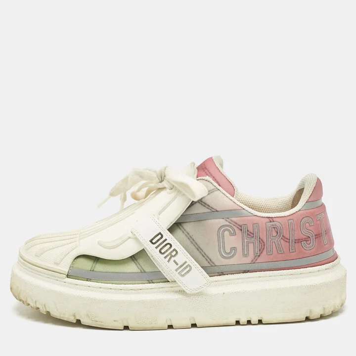 Dior White/Beige Leather and Rubber Dior ID Lace Up Sneakers Size 37.5
