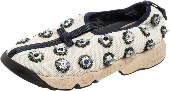 Dior White/Black Sequins Embellished Mesh Fusion Slip-on Sneakers Size 36.5