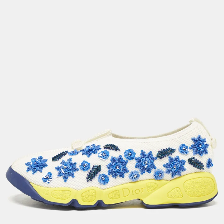Dior White/Blue Mesh Embellished Fusion Sneakers Size 36
