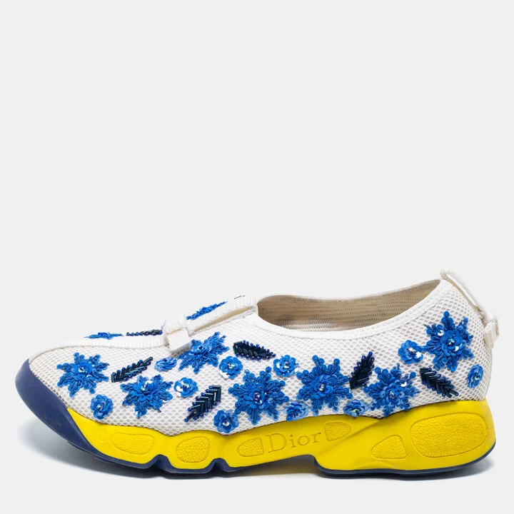 Dior White/Blue Mesh Embellished Fusion Sneakers Size 36