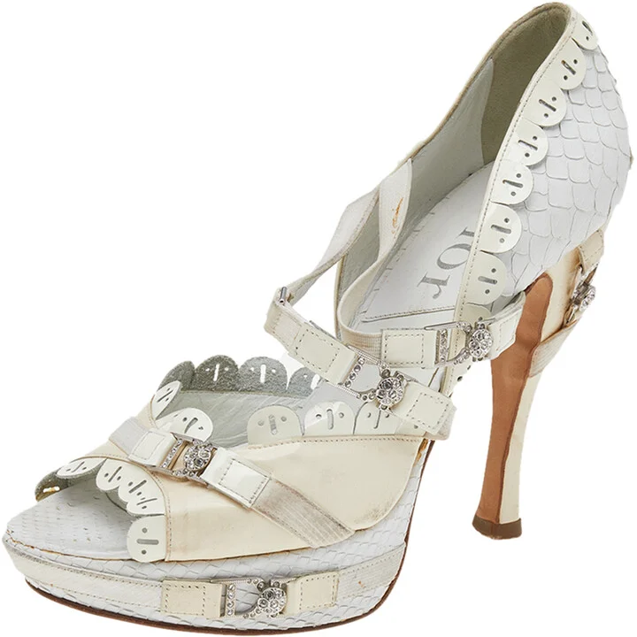 Dior White/Cream Python And Patent Leather Ankle Strap Sandals Size 36.5