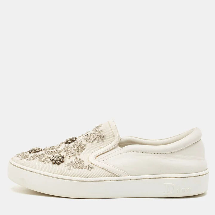 Dior White Denim And Leather Happy Crystal Embellished Slip On Sneakers Size 37