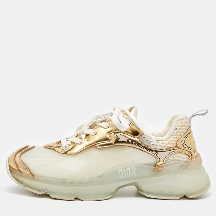 Dior White/Gold Rubber Mesh and Leather Vibe Low Top Sneakers Size 40